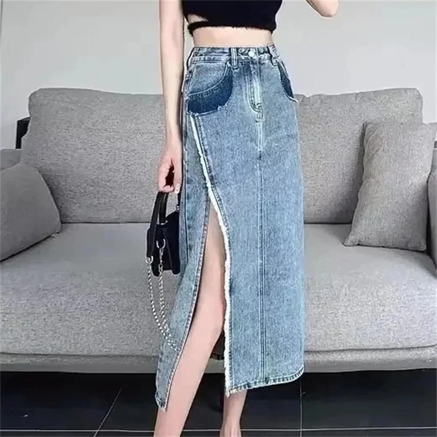 Women's High-Waisted Side Slit Denim Skirt  Plus Size Summer Dress Casual Slit Midi Skirt Button-Up with Pockets