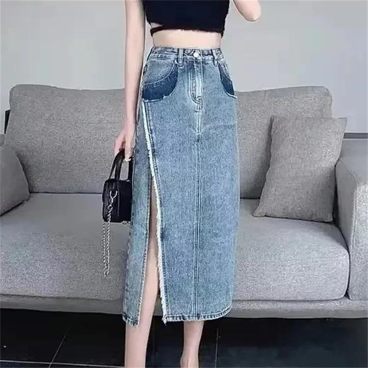 Women's High-Waisted Side Slit Denim Skirt  Plus Size Summer Dress Casual Slit Midi Skirt Button-Up with Pockets