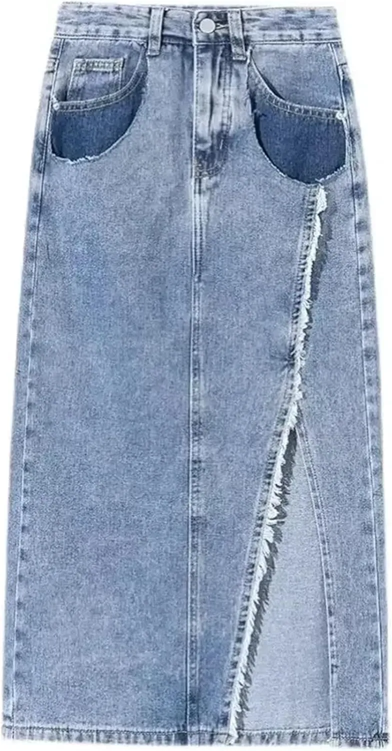 Women's High-Waisted Side Slit Denim Skirt  Plus Size Summer Dress Casual Slit Midi Skirt Button-Up with Pockets