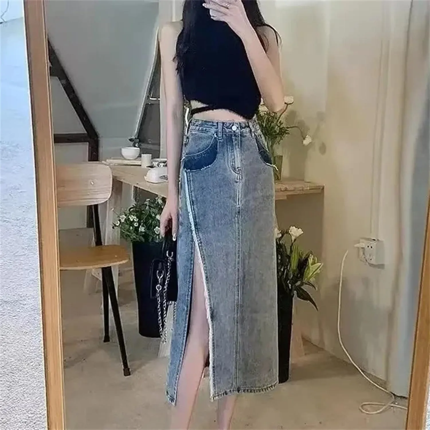 Women's High-Waisted Side Slit Denim Skirt  Plus Size Summer Dress Casual Slit Midi Skirt Button-Up with Pockets