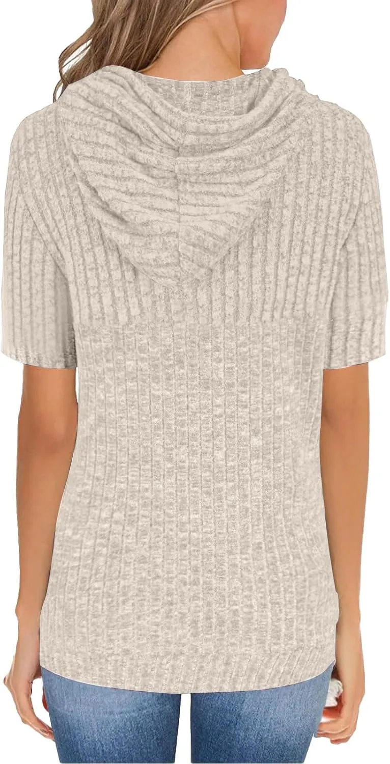 Womens Hoodie Short Sleeve Thin Pullover Sweatshirt Summer 2025 Fashion Dressy Kangaroo Pocket Tunics Tops