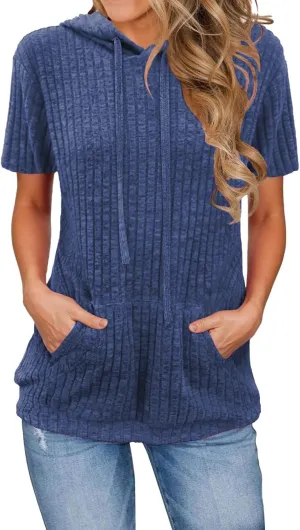 Womens Hoodie Short Sleeve Thin Pullover Sweatshirt Summer 2025 Fashion Dressy Kangaroo Pocket Tunics Tops