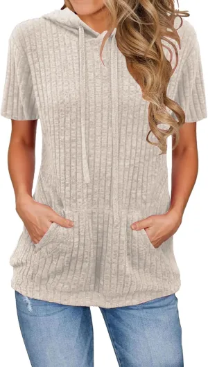 Womens Hoodie Short Sleeve Thin Pullover Sweatshirt Summer 2025 Fashion Dressy Kangaroo Pocket Tunics Tops