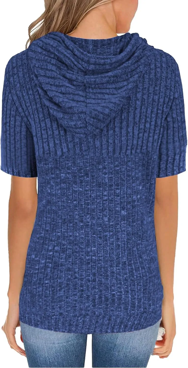 Womens Hoodie Short Sleeve Thin Pullover Sweatshirt Summer 2025 Fashion Dressy Kangaroo Pocket Tunics Tops