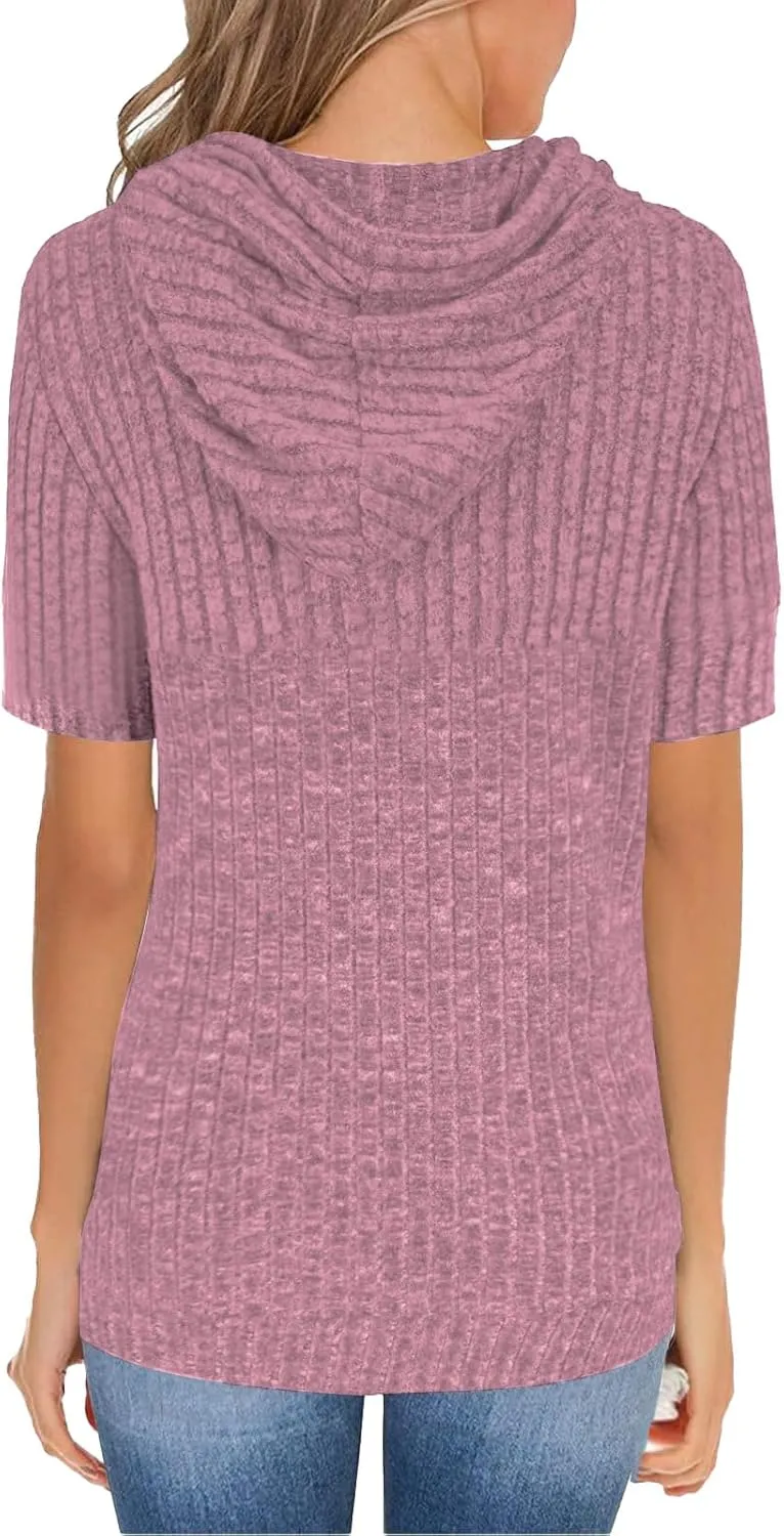 Womens Hoodie Short Sleeve Thin Pullover Sweatshirt Summer 2025 Fashion Dressy Kangaroo Pocket Tunics Tops