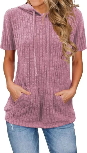 Womens Hoodie Short Sleeve Thin Pullover Sweatshirt Summer 2025 Fashion Dressy Kangaroo Pocket Tunics Tops