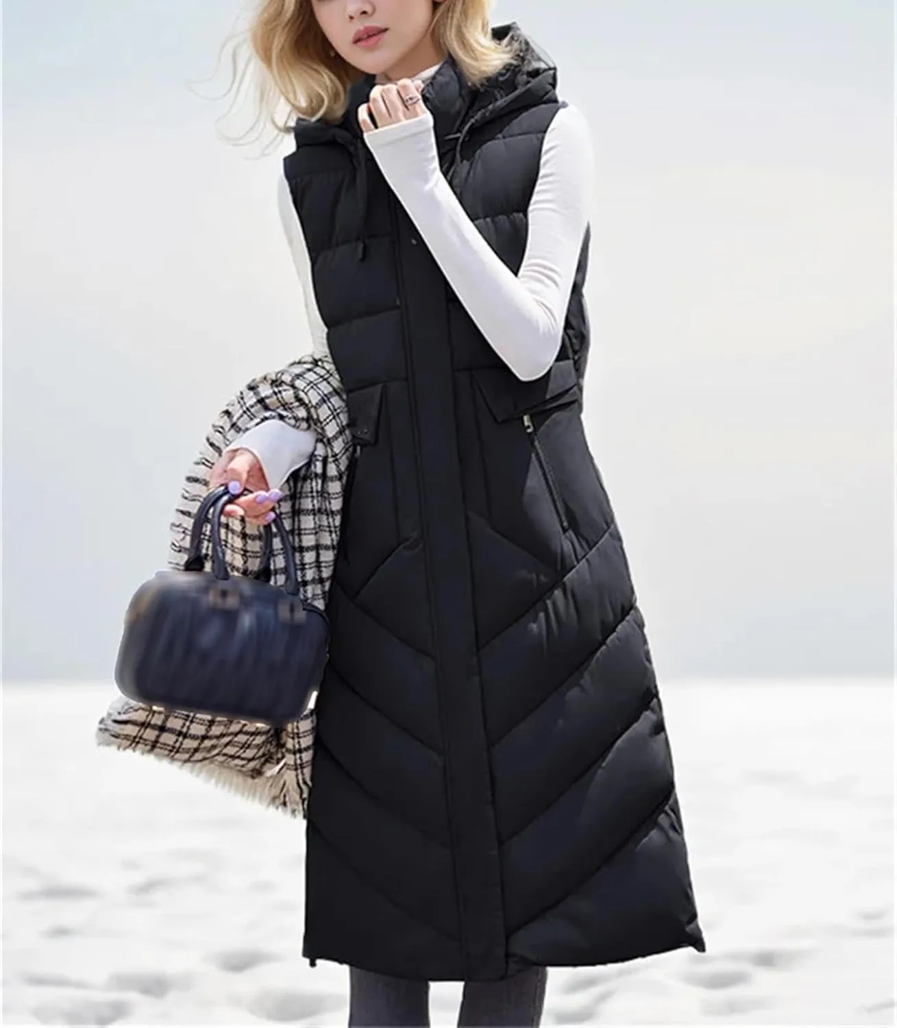 Women's Jacket With Long Cotton Waistcoat Over-The-Knee Hooded Padded Sleeveless Vest Warm Coats