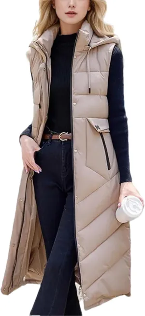Women's Jacket With Long Cotton Waistcoat Over-The-Knee Hooded Padded Sleeveless Vest Warm Coats