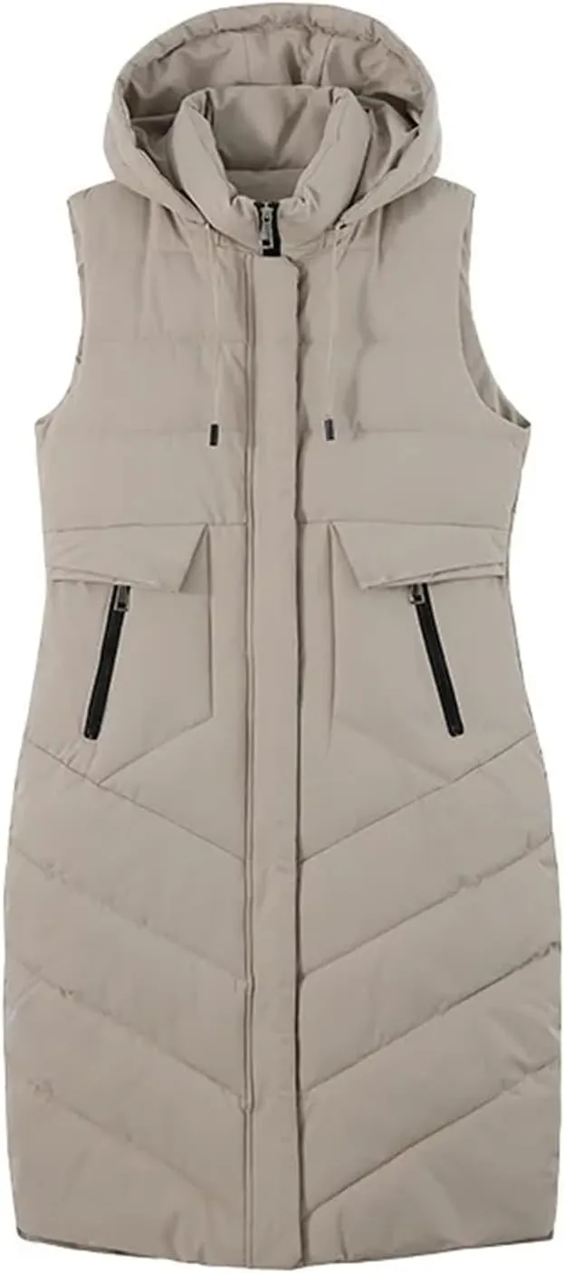 Women's Jacket With Long Cotton Waistcoat Over-The-Knee Hooded Padded Sleeveless Vest Warm Coats