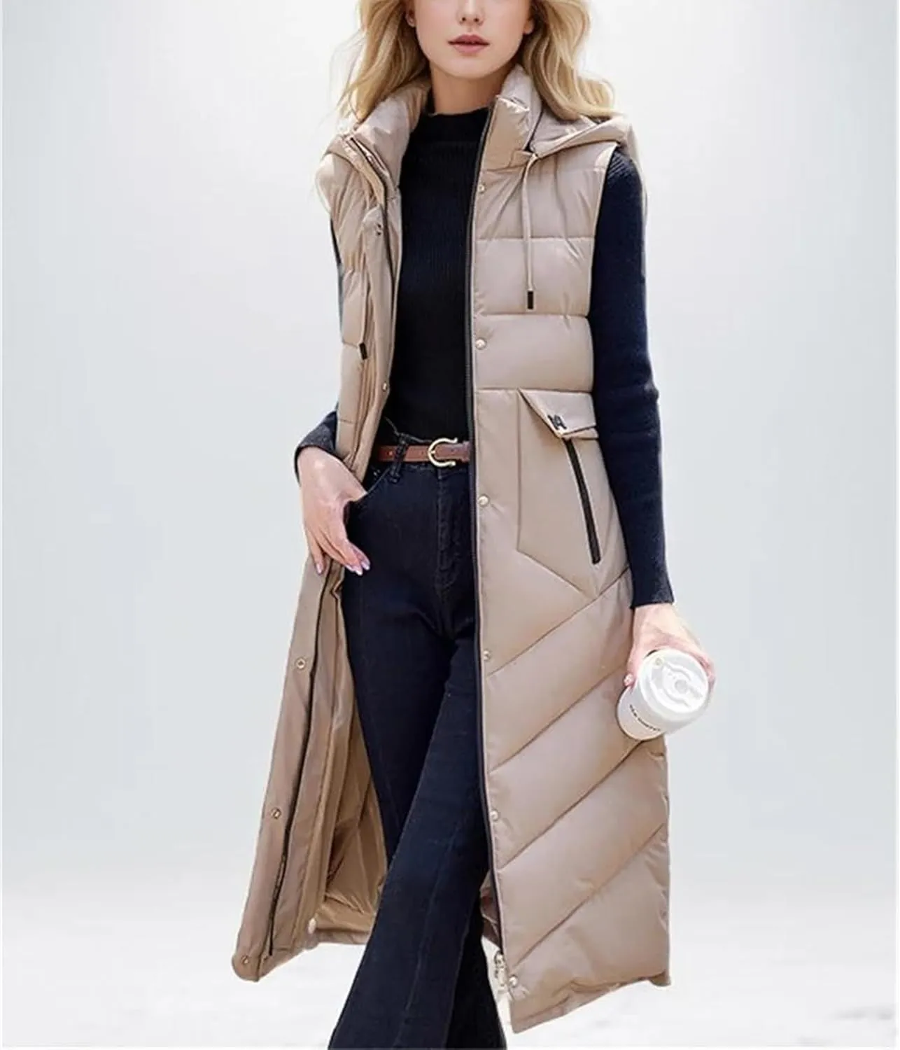 Women's Jacket With Long Cotton Waistcoat Over-The-Knee Hooded Padded Sleeveless Vest Warm Coats
