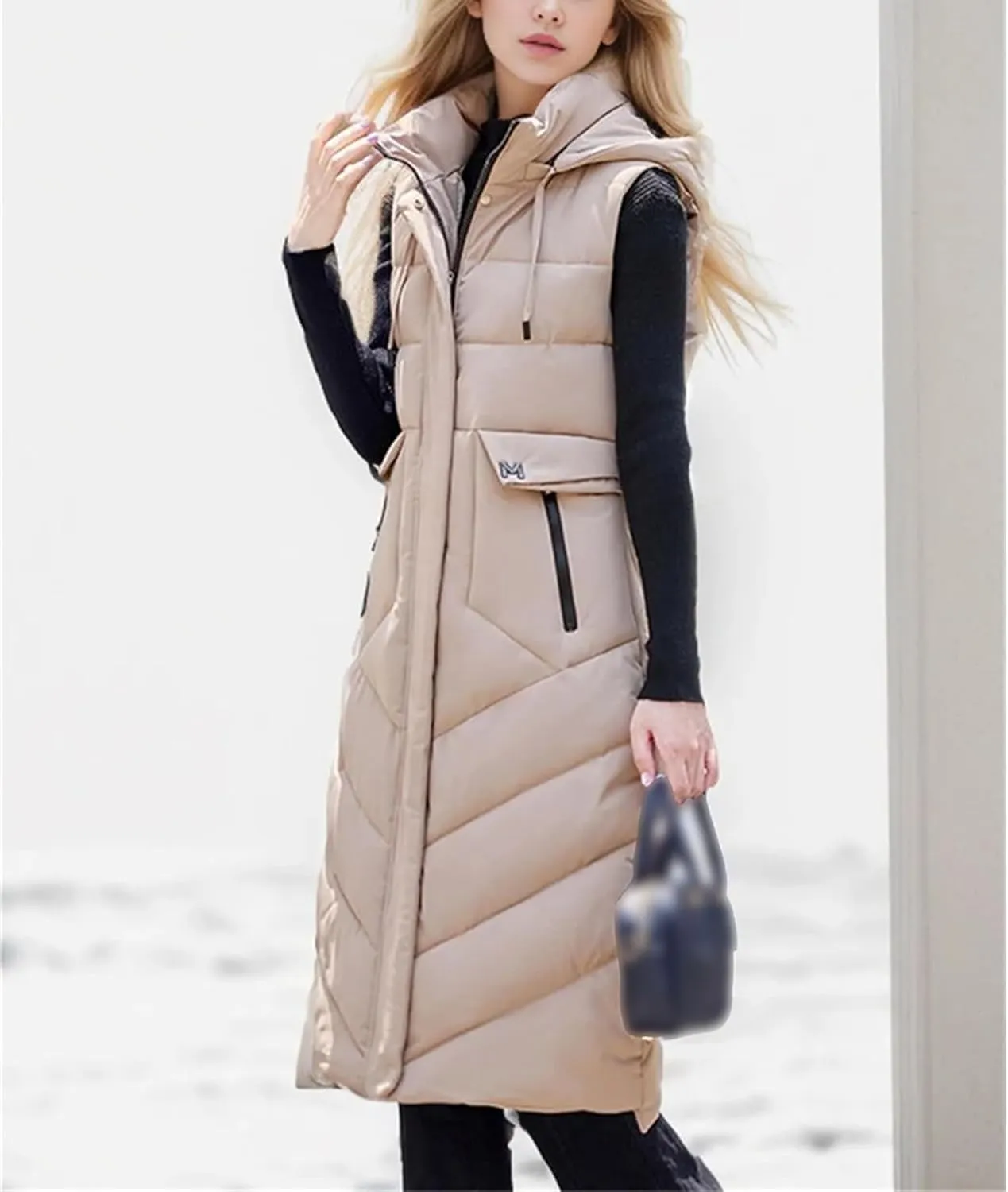 Women's Jacket With Long Cotton Waistcoat Over-The-Knee Hooded Padded Sleeveless Vest Warm Coats