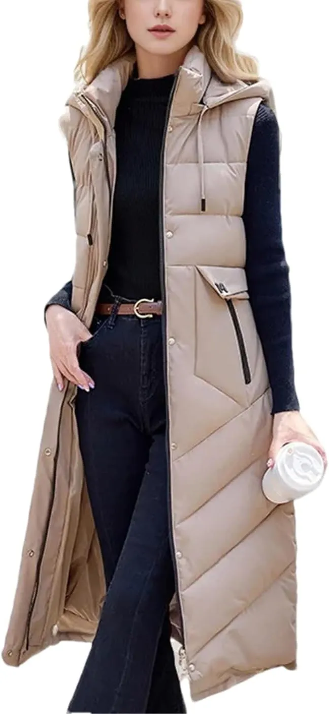 Women's Jacket With Long Cotton Waistcoat Over-The-Knee Hooded Padded Sleeveless Vest Warm Coats