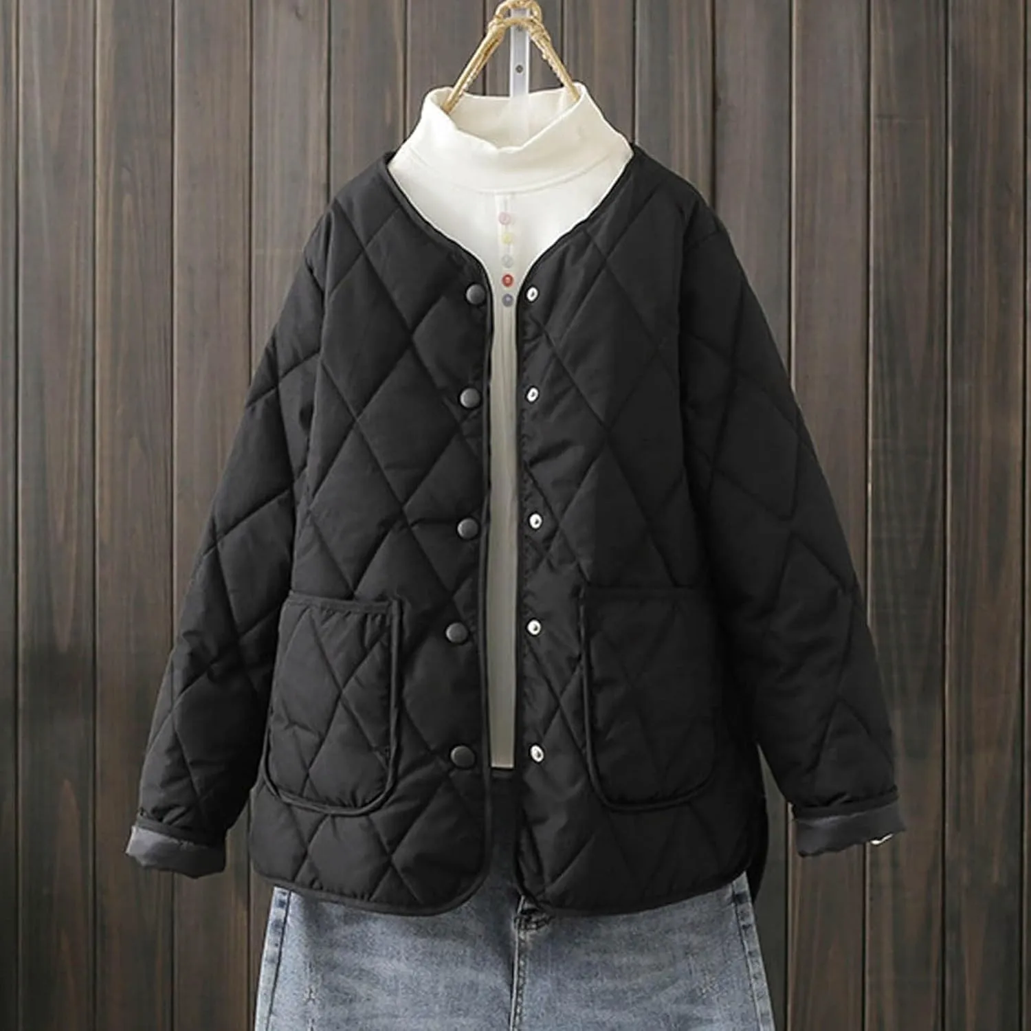 Womens jacket Womens Winter Coats Warmly Diamond Collarless Lightweight Quilted Short Cotton Padded Jacket
