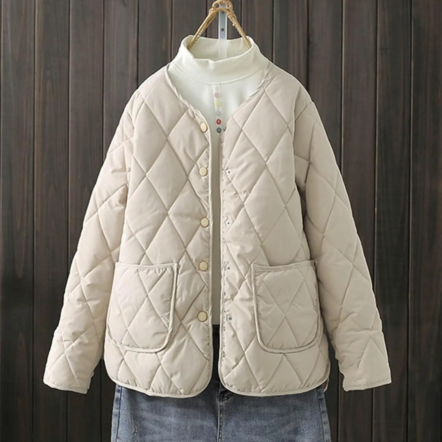 Womens jacket Womens Winter Coats Warmly Diamond Collarless Lightweight Quilted Short Cotton Padded Jacket