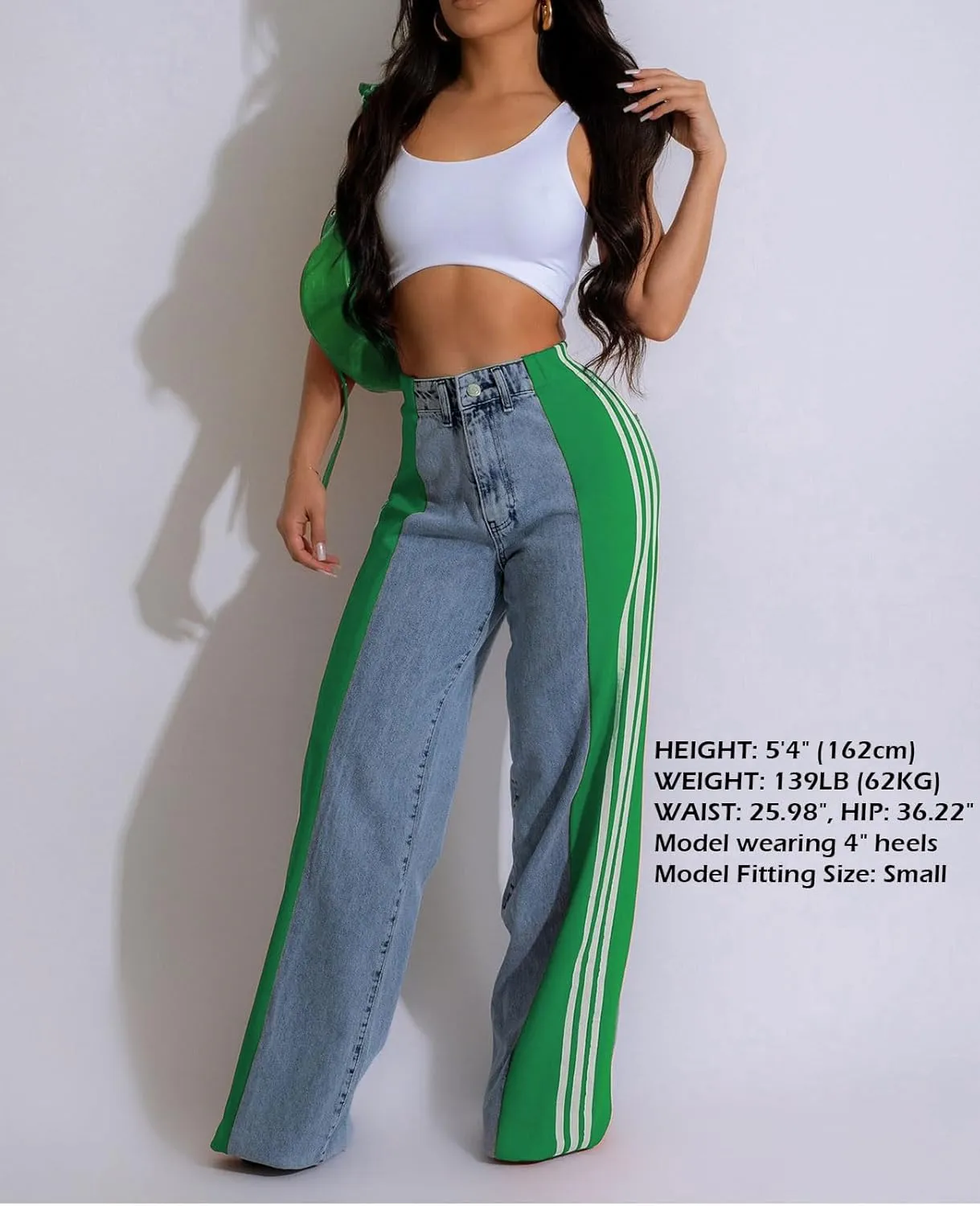 Womens Jeans High Waisted Wide Leg Striped Patchwork Color Block Stretchy Loose Straight Denim Pants