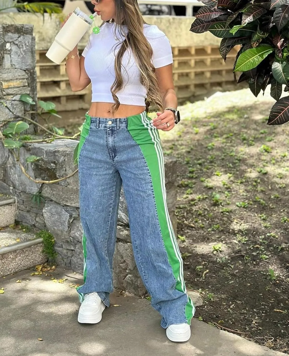 Womens Jeans High Waisted Wide Leg Striped Patchwork Color Block Stretchy Loose Straight Denim Pants