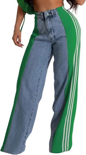 Womens Jeans High Waisted Wide Leg Striped Patchwork Color Block Stretchy Loose Straight Denim Pants