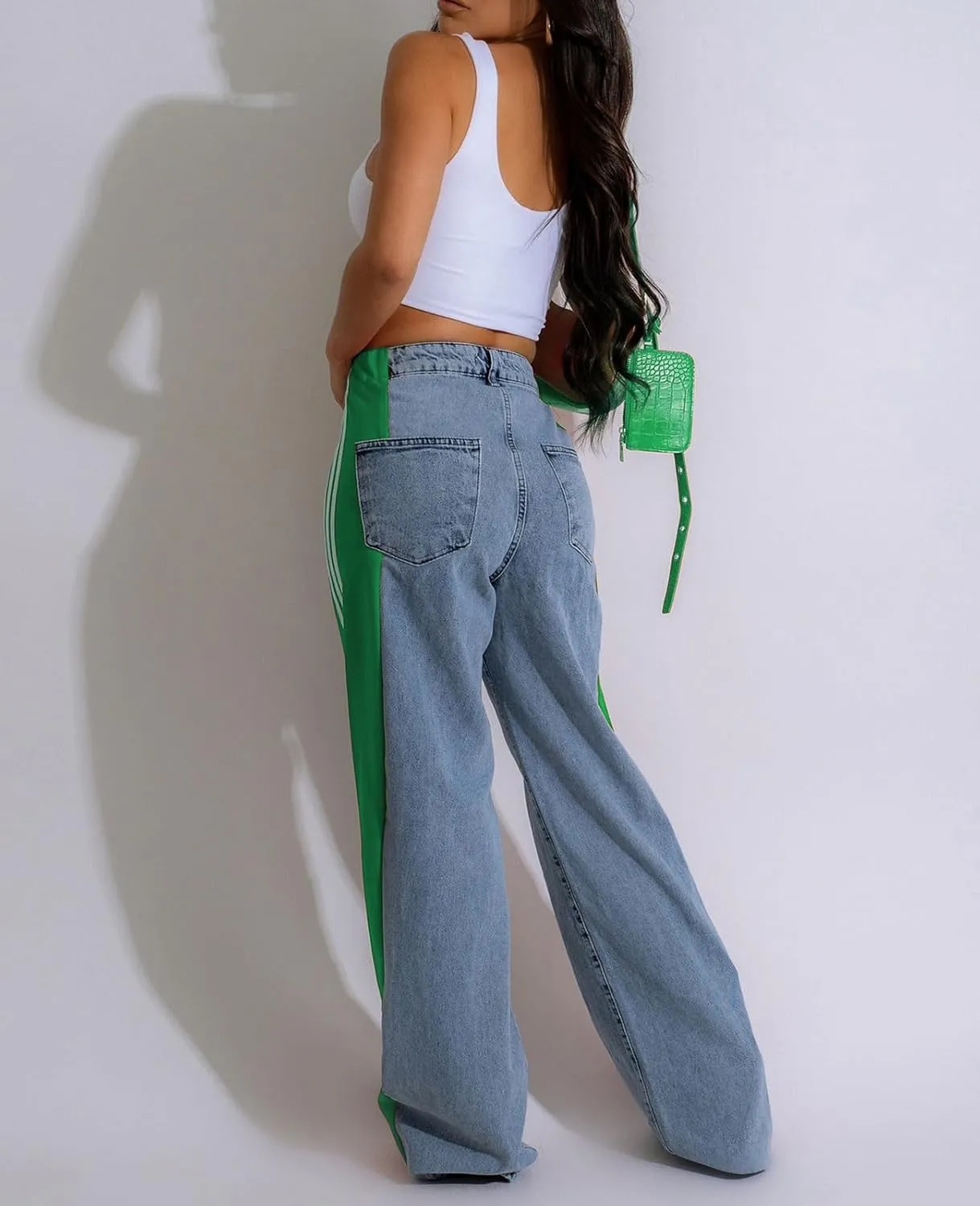 Womens Jeans High Waisted Wide Leg Striped Patchwork Color Block Stretchy Loose Straight Denim Pants