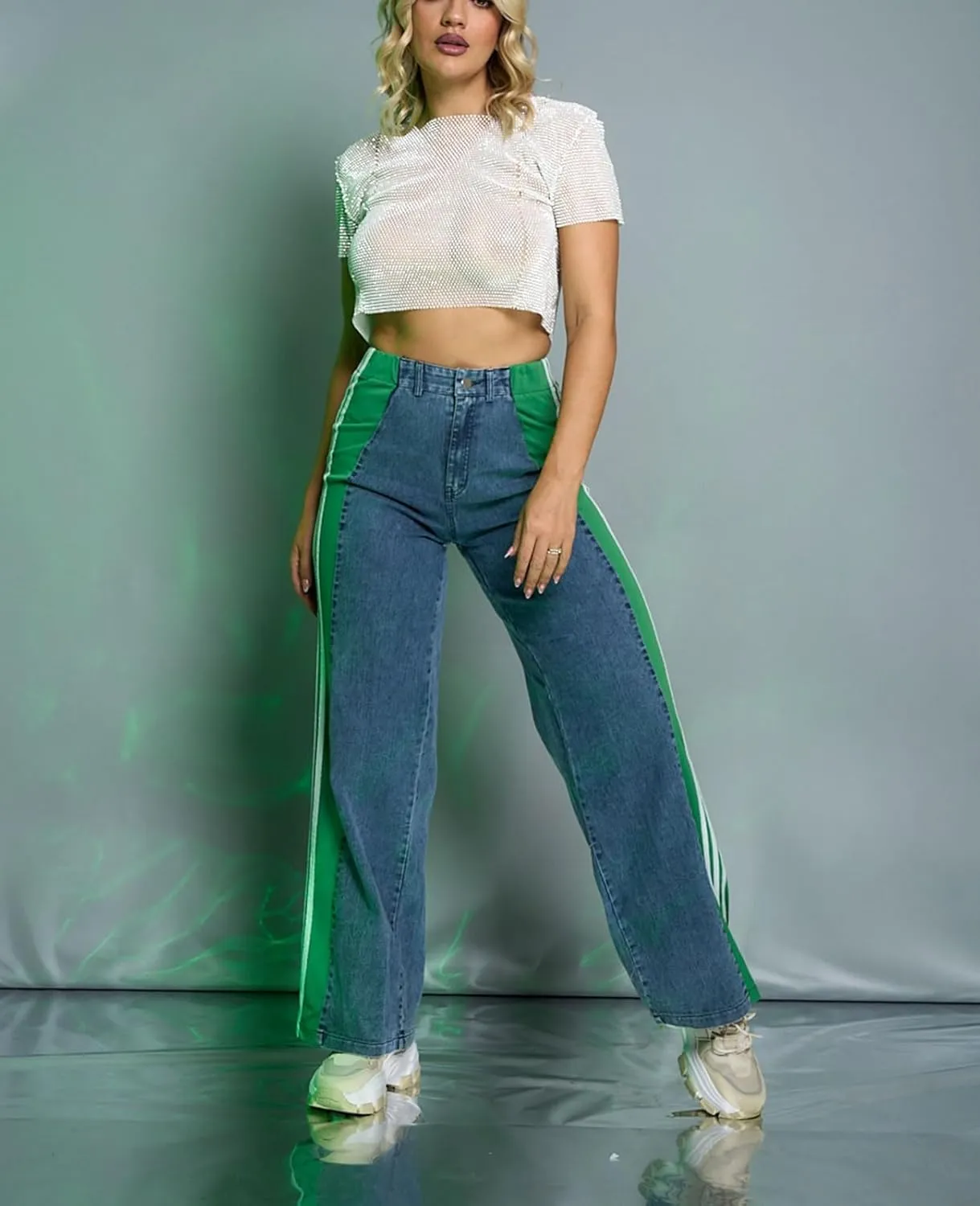 Womens Jeans High Waisted Wide Leg Striped Patchwork Color Block Stretchy Loose Straight Denim Pants
