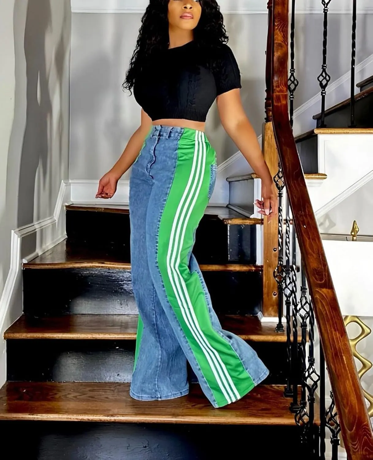 Womens Jeans High Waisted Wide Leg Striped Patchwork Color Block Stretchy Loose Straight Denim Pants