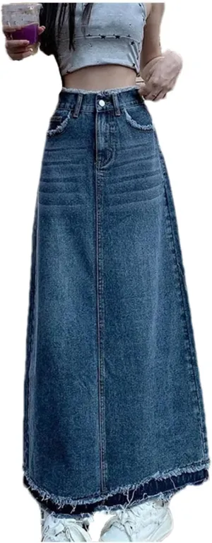 Women's Korean Summer Loose A-Line Jeans Skirts Vintage Casual High-Waisted Denim Skirts