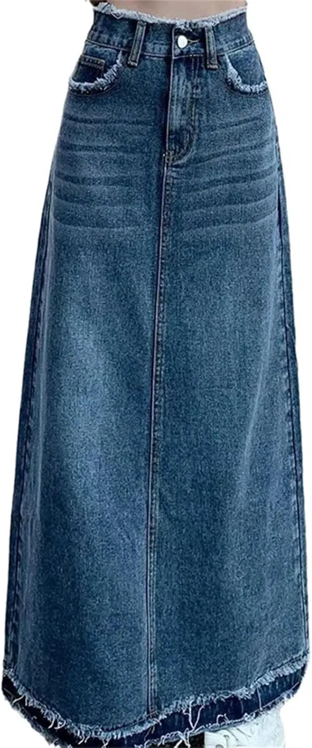Women's Korean Summer Loose A-Line Jeans Skirts Vintage Casual High-Waisted Denim Skirts