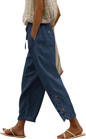 Womens Lace Splicing Cotton Linen Capri Pants Drawstring Elastic Waist Solid Color Summer Trousers with Pockets
