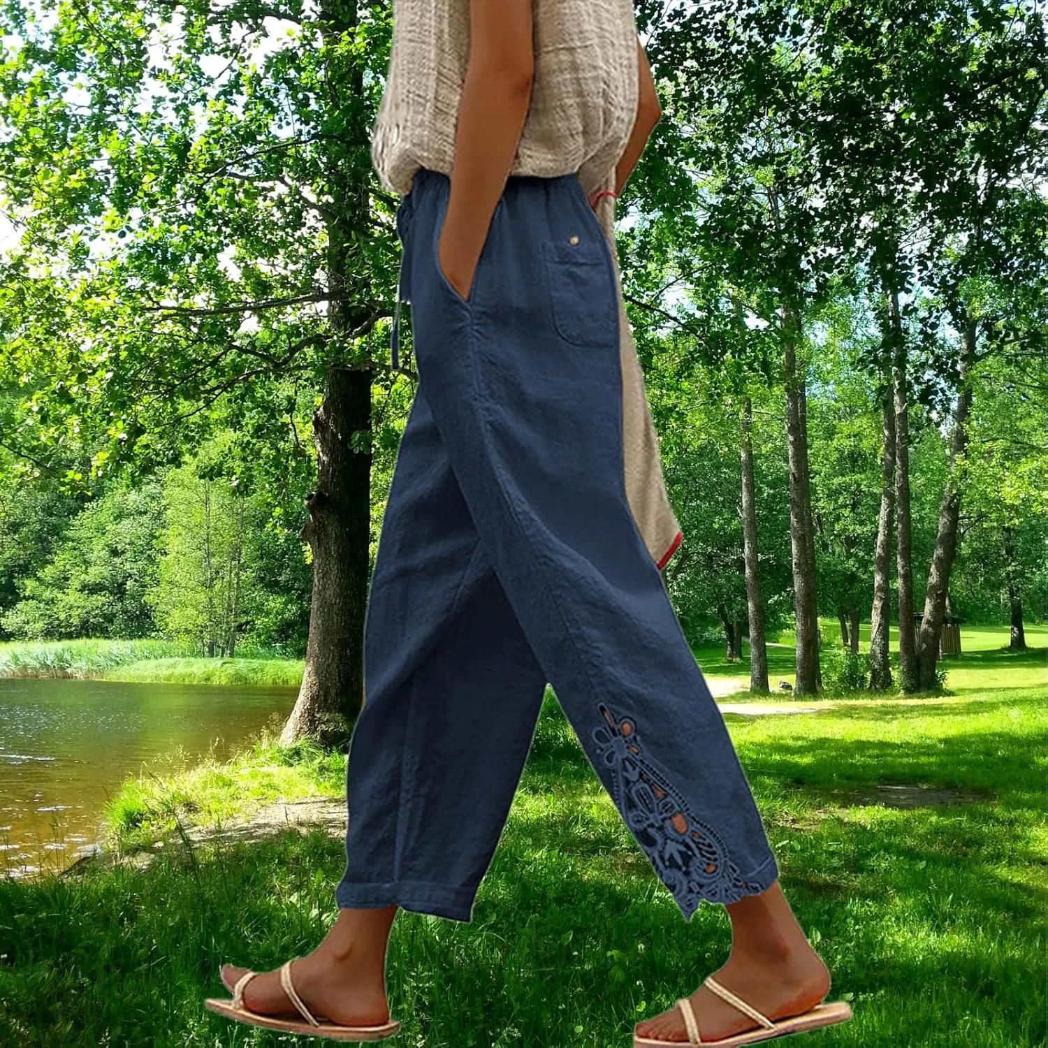 Womens Lace Splicing Cotton Linen Capri Pants Drawstring Elastic Waist Solid Color Summer Trousers with Pockets