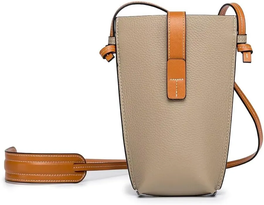 Women's Leather Bucket Bag, Two-Tone Beige and Tan, Crossbody Strap, Fashion Shoulder Purse