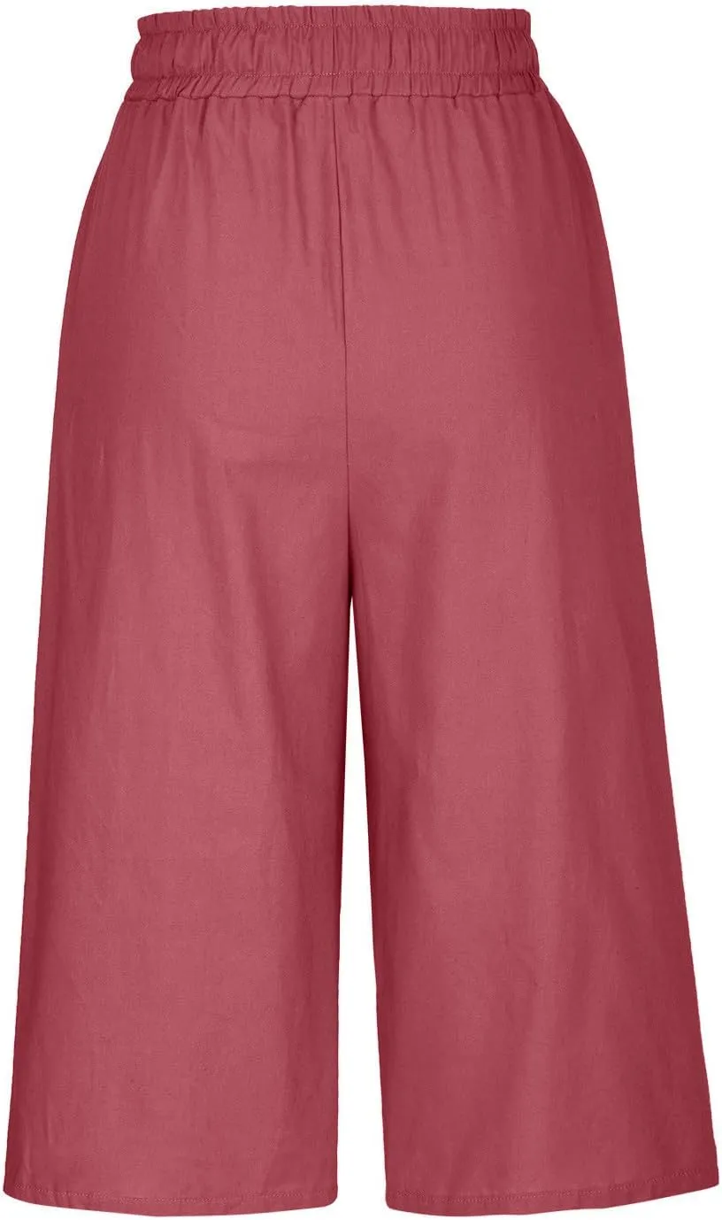 Women's Linen Capris Drawstring Knee High Loose Fitting Cropped Trouser Straight Wide Leg Pocketed Pant Casual 2025