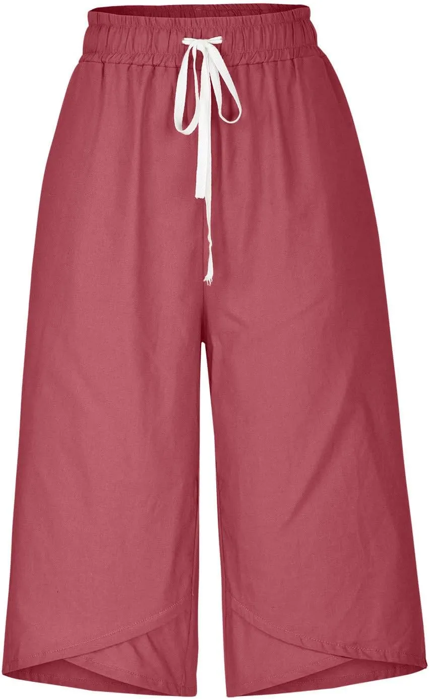 Women's Linen Capris Drawstring Knee High Loose Fitting Cropped Trouser Straight Wide Leg Pocketed Pant Casual 2025