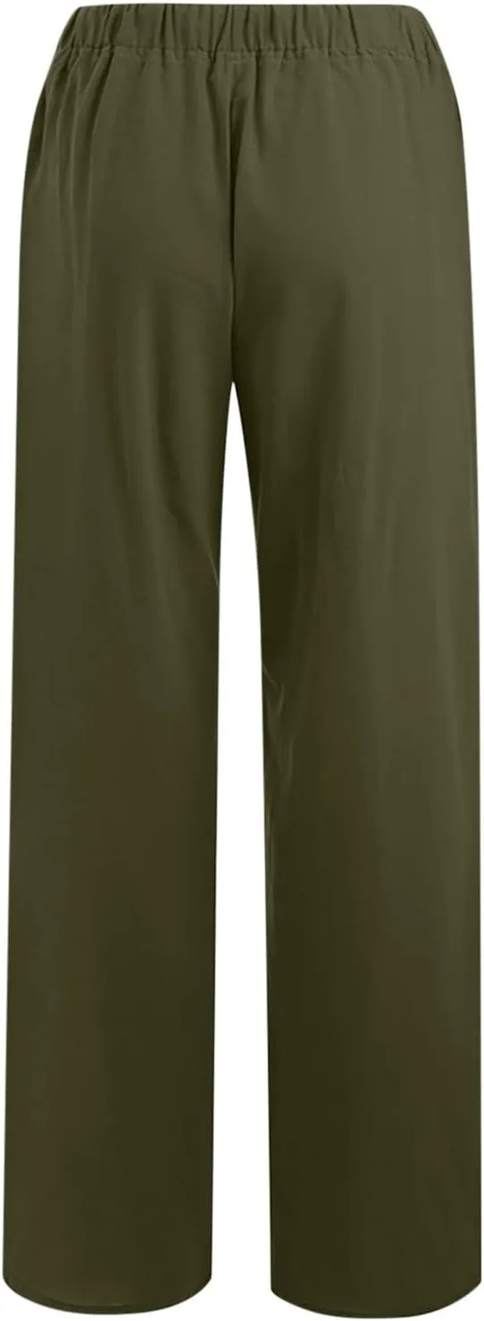 Women's Linen Cotton Pants Summer Drawstring Waist Wide Leg Lounge Palazzo Trouser Casual Loose Yoga Trousers