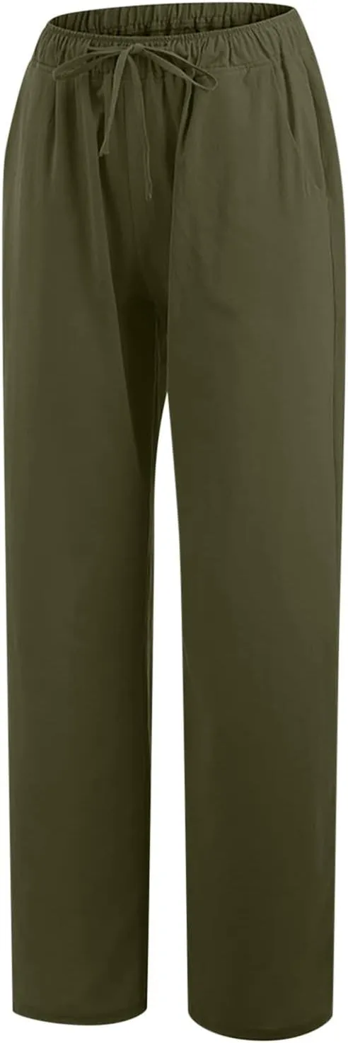 Women's Linen Cotton Pants Summer Drawstring Waist Wide Leg Lounge Palazzo Trouser Casual Loose Yoga Trousers