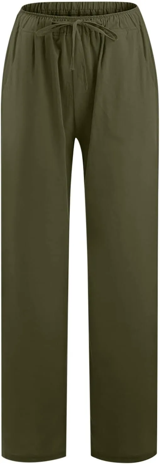 Women's Linen Cotton Pants Summer Drawstring Waist Wide Leg Lounge Palazzo Trouser Casual Loose Yoga Trousers