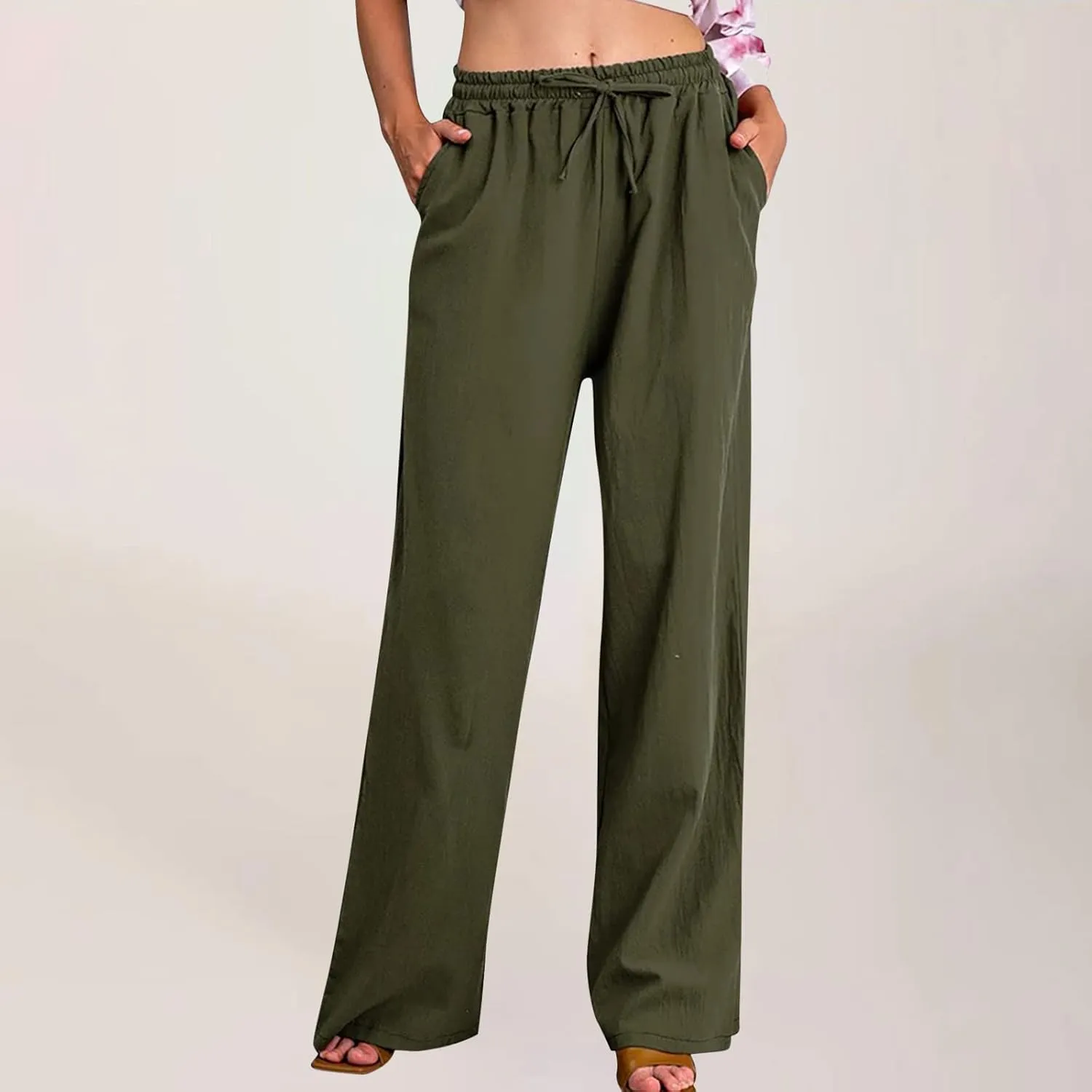 Women's Linen Cotton Pants Summer Drawstring Waist Wide Leg Lounge Palazzo Trouser Casual Loose Yoga Trousers