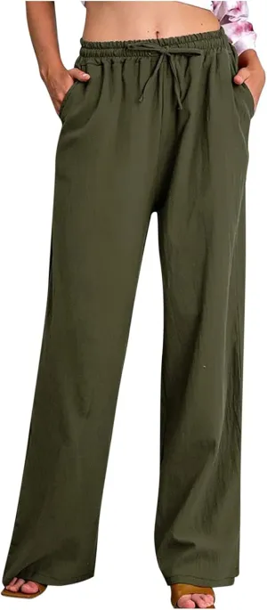 Women's Linen Cotton Pants Summer Drawstring Waist Wide Leg Lounge Palazzo Trouser Casual Loose Yoga Trousers