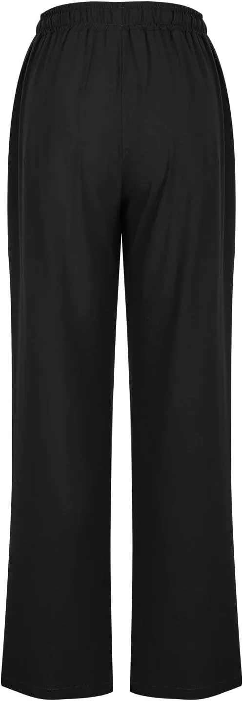 Women's Linen Palazzo Pants Summer 2025 High Waisted Drawstring Trousers Plus Size Trendy Lounge Pant with Pockets