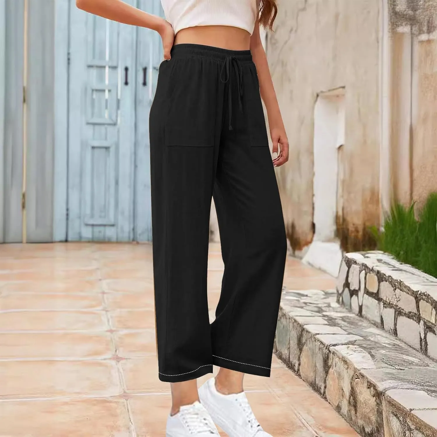 Women's Linen Palazzo Pants Summer 2025 High Waisted Drawstring Trousers Plus Size Trendy Lounge Pant with Pockets