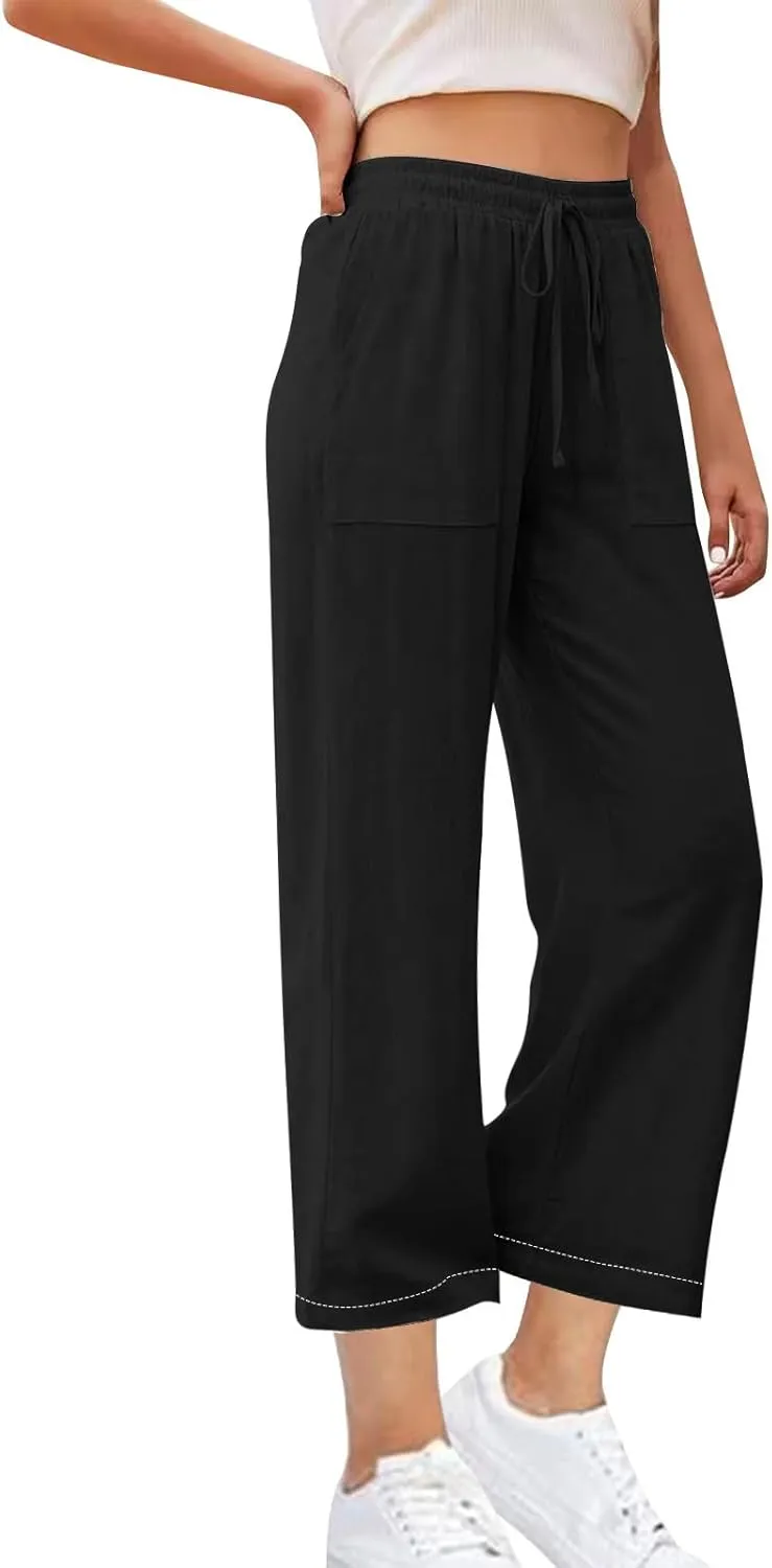 Women's Linen Palazzo Pants Summer 2025 High Waisted Drawstring Trousers Plus Size Trendy Lounge Pant with Pockets