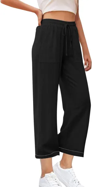 Women's Linen Palazzo Pants Summer 2025 High Waisted Drawstring Trousers Plus Size Trendy Lounge Pant with Pockets