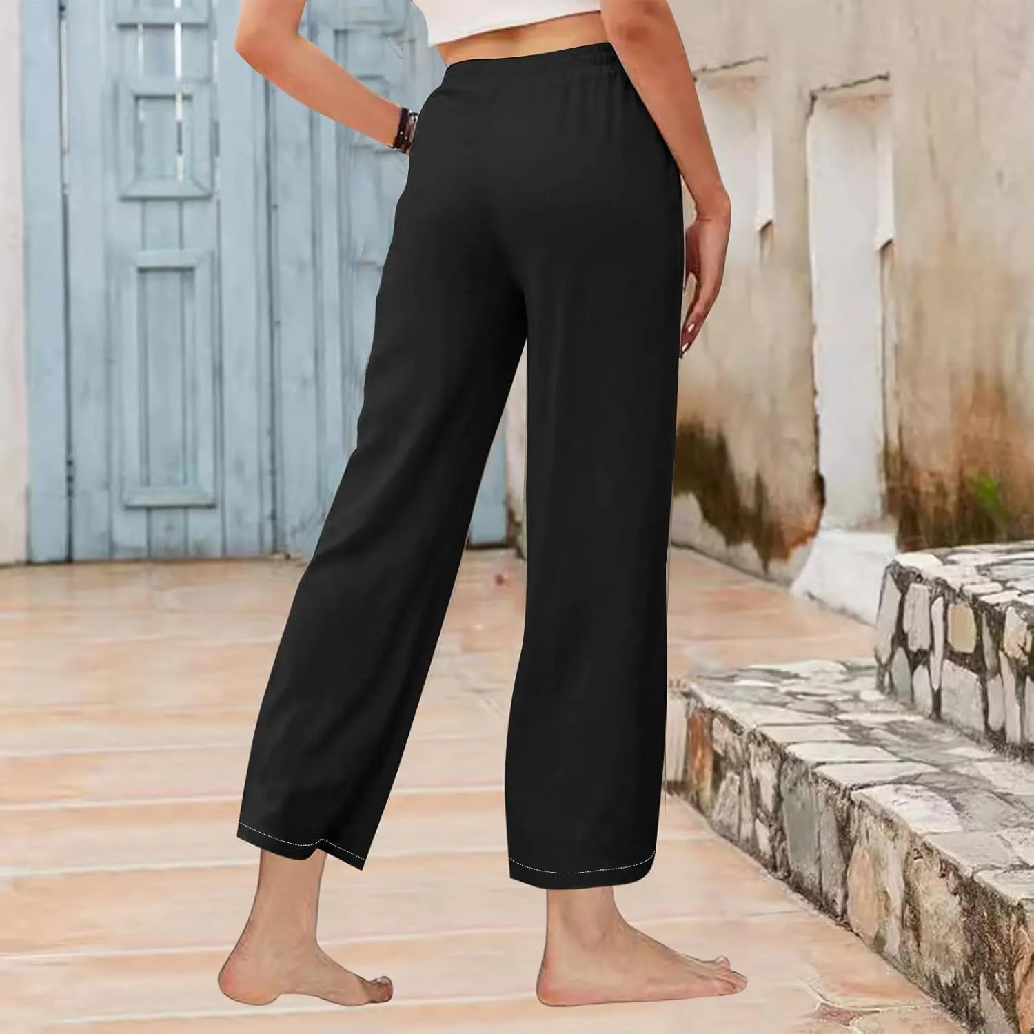 Women's Linen Palazzo Pants Summer 2025 High Waisted Drawstring Trousers Plus Size Trendy Lounge Pant with Pockets