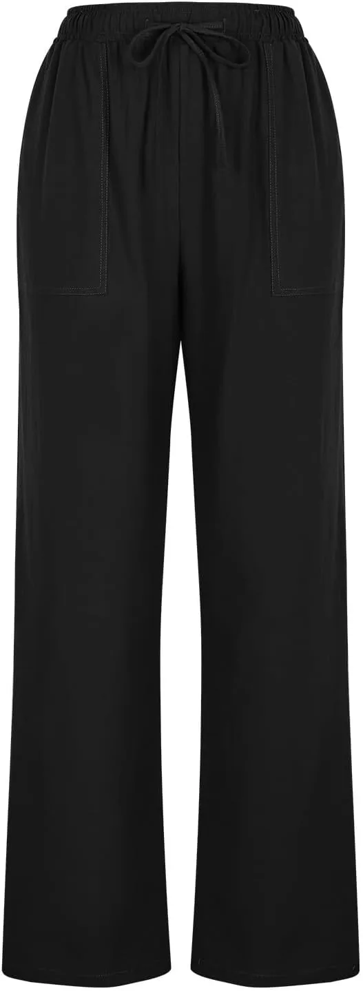 Women's Linen Palazzo Pants Summer 2025 High Waisted Drawstring Trousers Plus Size Trendy Lounge Pant with Pockets