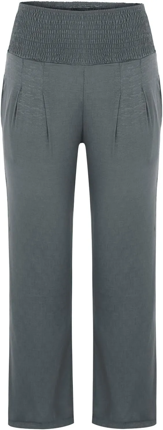 Women's Linen Palazzo Pants Summer Casual Vacation High Waist Wide Leg Trousers Trendy Long Pant with Pockets