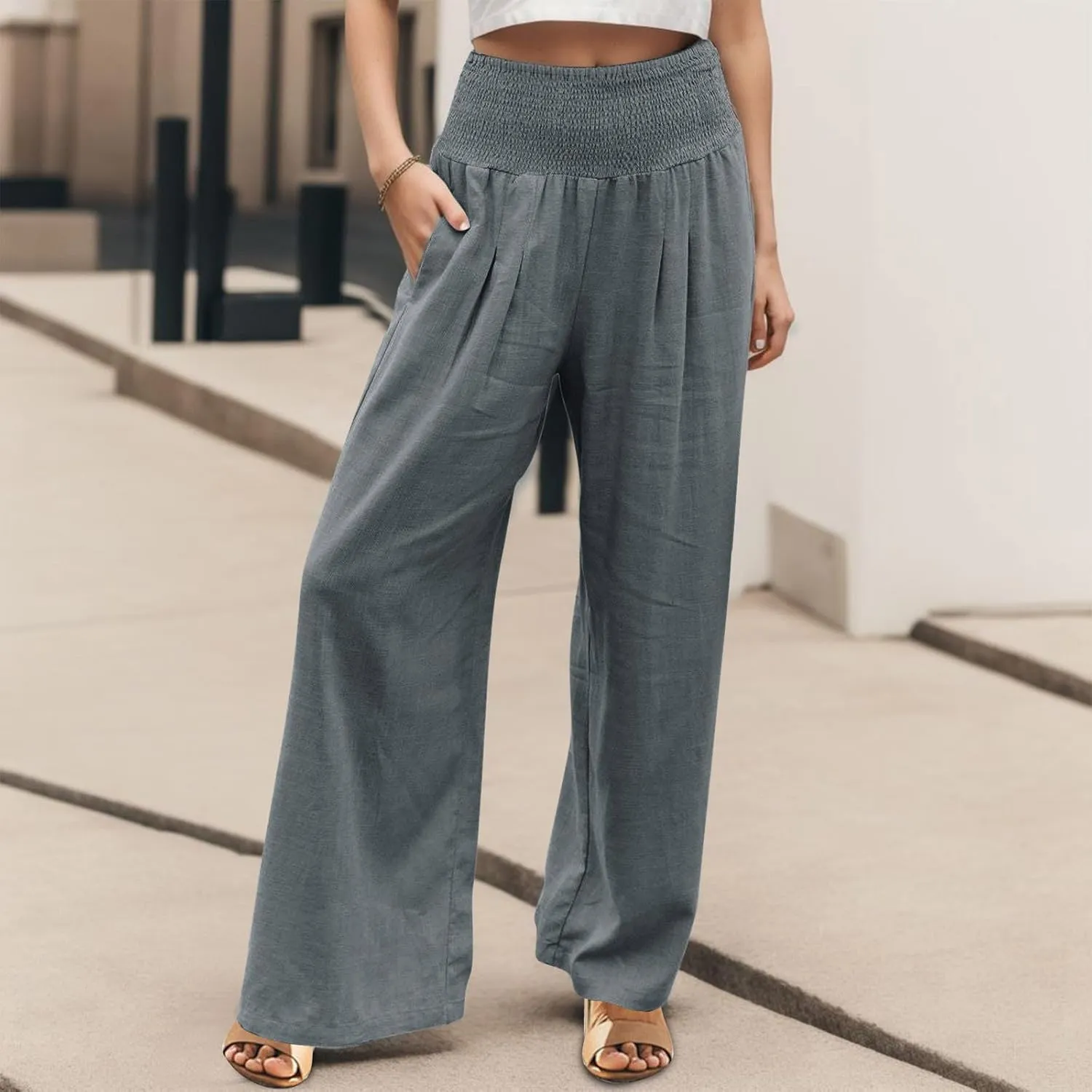 Women's Linen Palazzo Pants Summer Casual Vacation High Waist Wide Leg Trousers Trendy Long Pant with Pockets