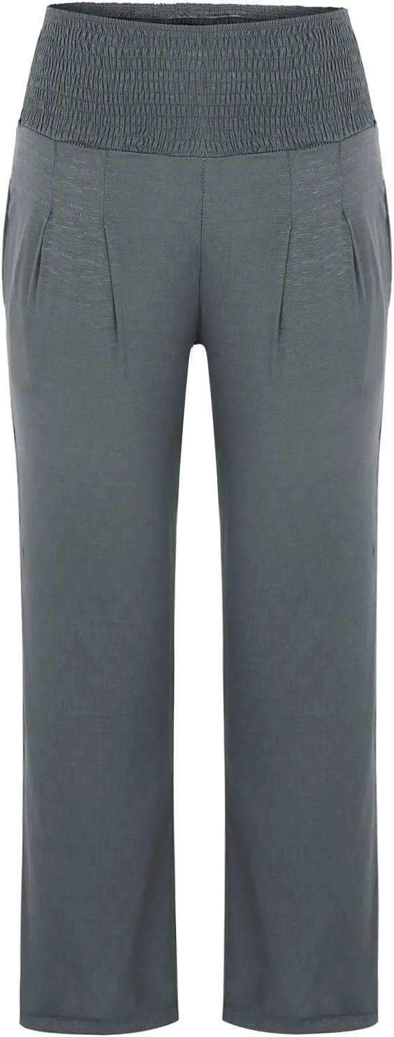 Women's Linen Palazzo Pants Summer Casual Vacation High Waist Wide Leg Trousers Trendy Long Pant with Pockets