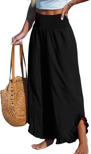 Womens Linen Pants 2025 Summer Wide Leg Elastic High Waist Pants with Pocket Flowy Casual Vocation Beach Trousers
