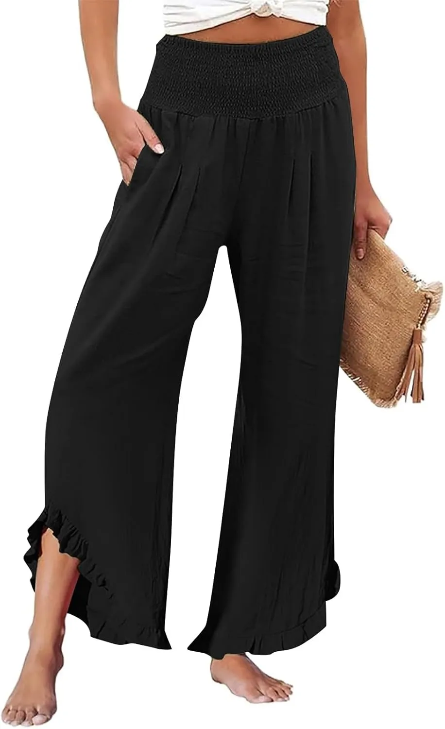 Womens Linen Pants 2025 Summer Wide Leg Elastic High Waist Pants with Pocket Flowy Casual Vocation Beach Trousers