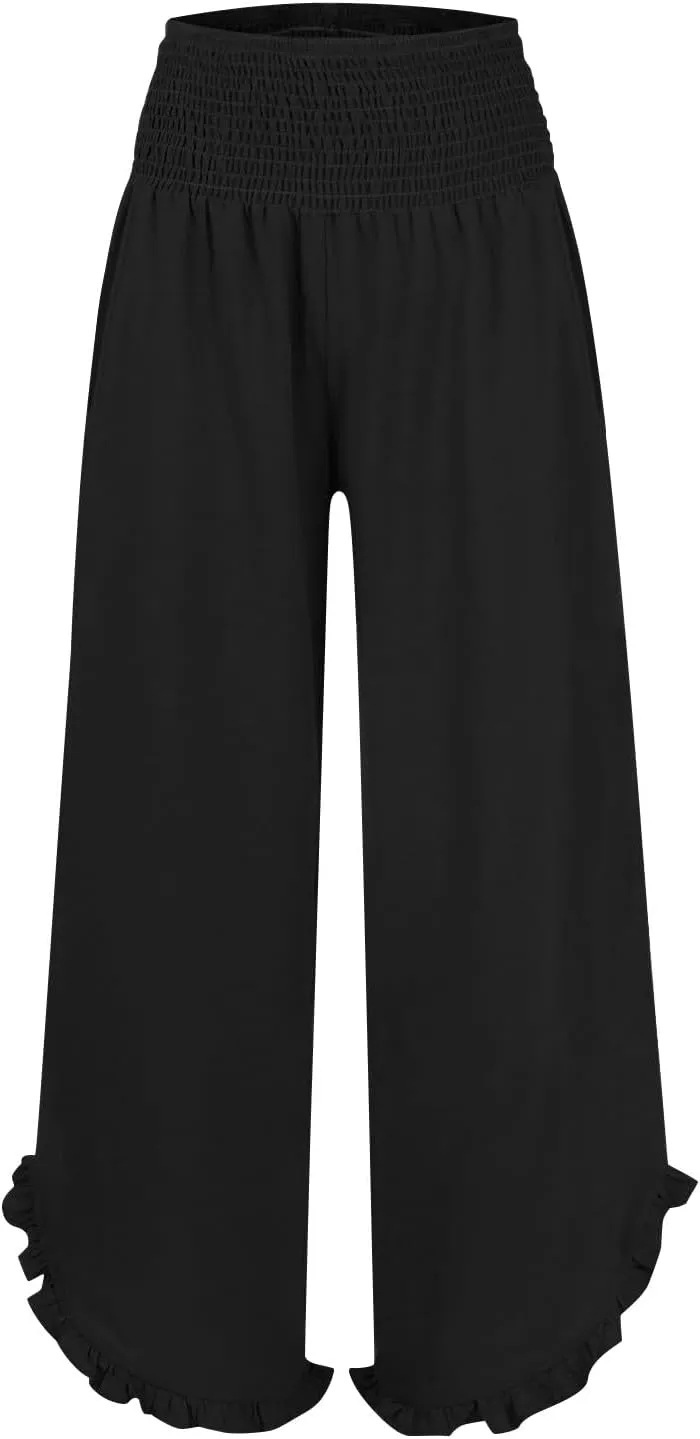 Womens Linen Pants 2025 Summer Wide Leg Elastic High Waist Pants with Pocket Flowy Casual Vocation Beach Trousers