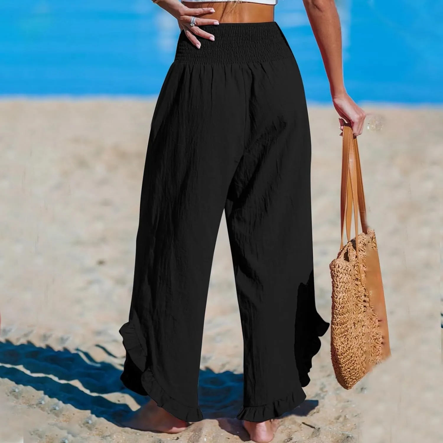 Womens Linen Pants 2025 Summer Wide Leg Elastic High Waist Pants with Pocket Flowy Casual Vocation Beach Trousers