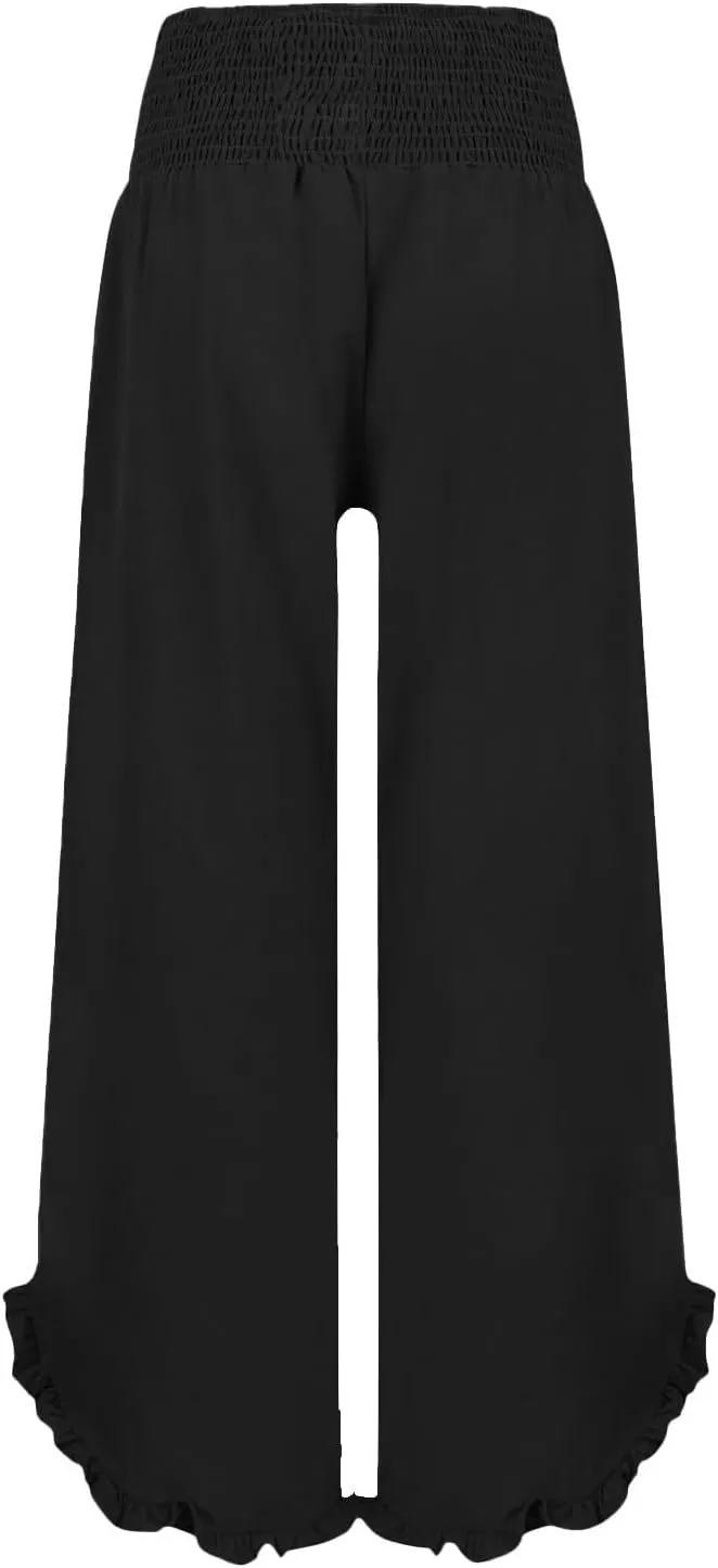 Womens Linen Pants 2025 Summer Wide Leg Elastic High Waist Pants with Pocket Flowy Casual Vocation Beach Trousers